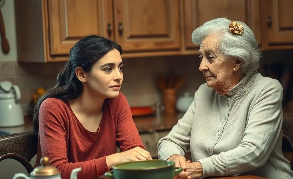 A young woman listening attentively to her grandmother sharing lease worries over a kitchen table.