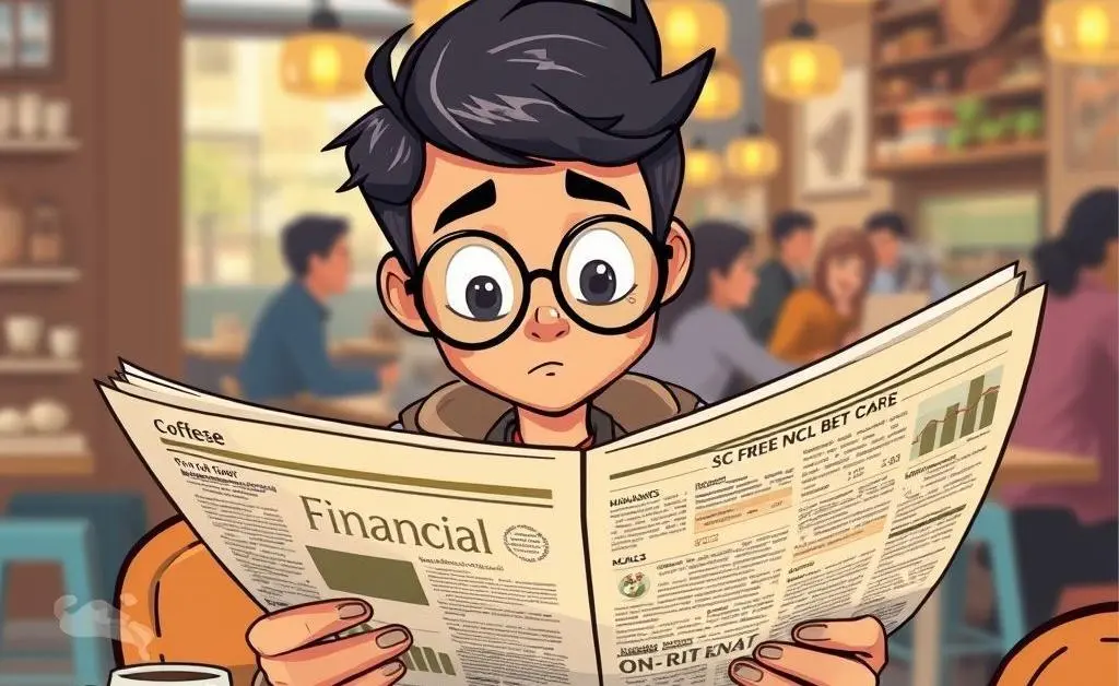 Person reading financial newspapers in a cafe setting