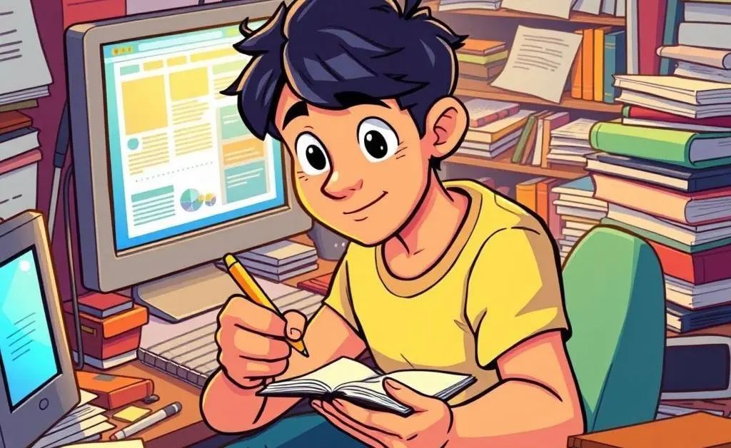 Cartoon of a person taking notes while researching