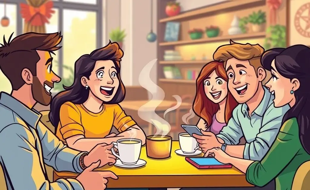 Friends discussing tech news over coffee