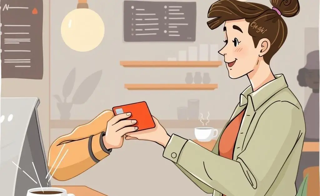 A person using a credit card at a cozy coffee shop