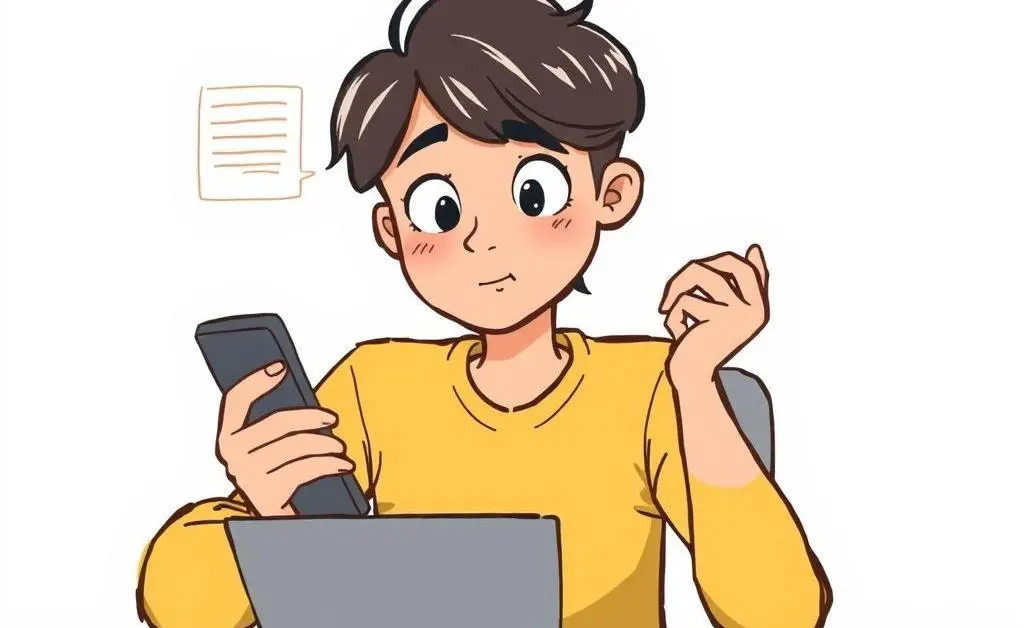 Person at desk with phone and curious expression