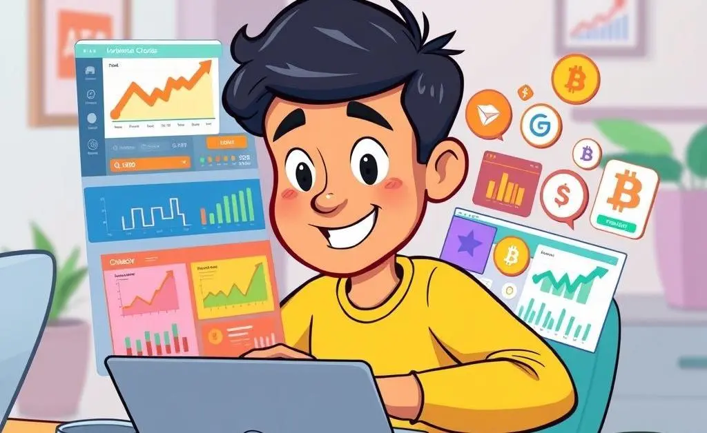 Cartoon depiction of a person browsing investment options on a computer.