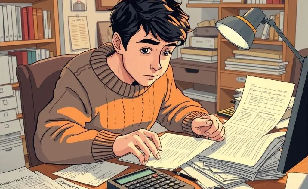Person calculating home costs on a desk with papers and a calculator.
