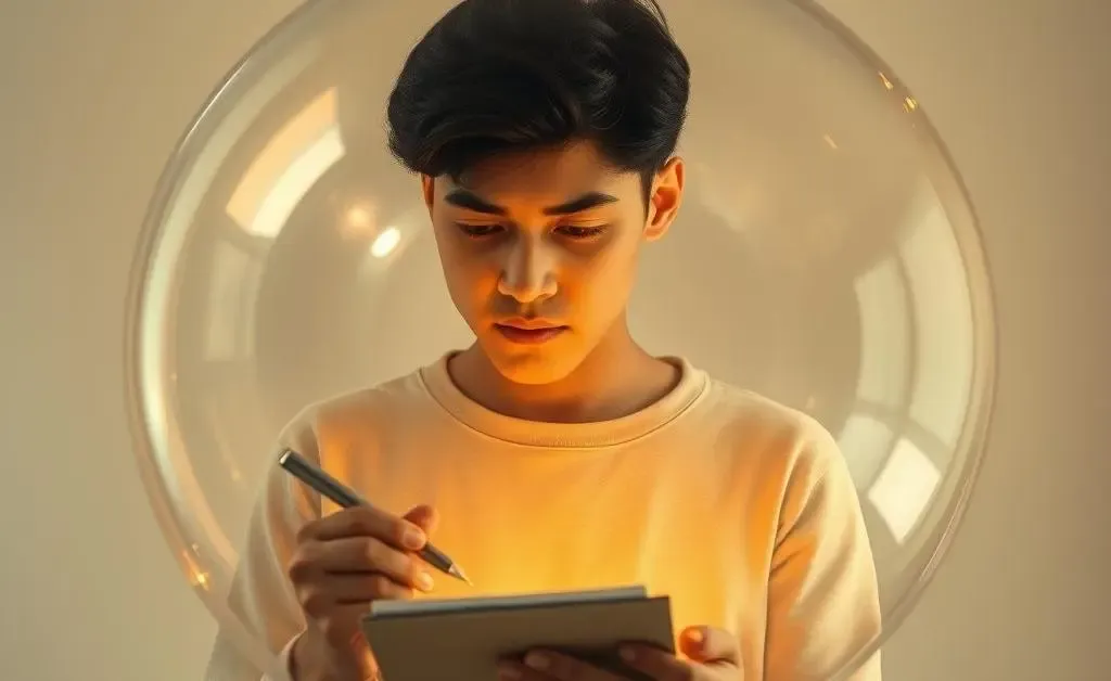 A person with a thoughtful expression calculating savings on a notepad emerging from a daydream bubble