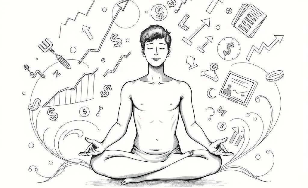 Illustration of person in a meditative pose with finance symbols around