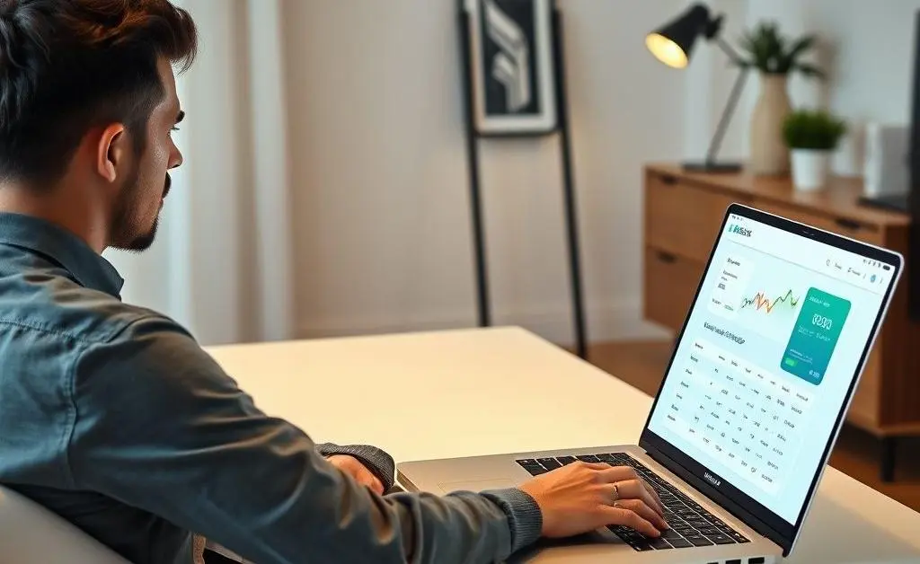 A person sitting at a laptop with a bank account interface displayed on screen.