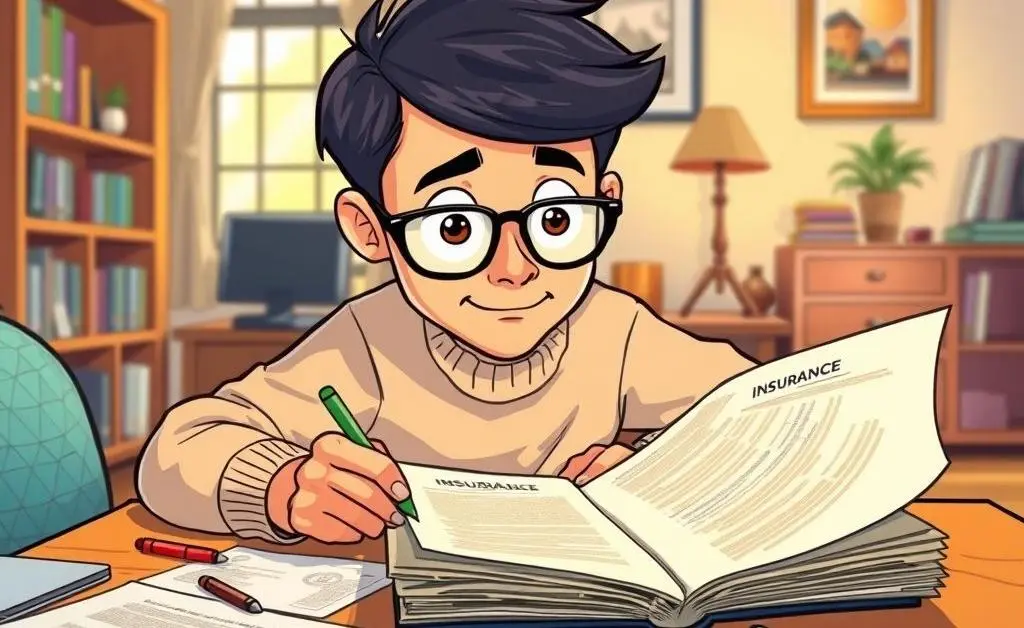 A cartoon-style image of a person carefully reviewing insurance details on a table spread with documents.