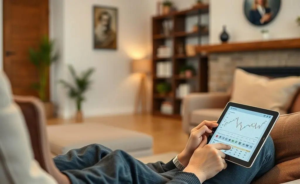 A person relaxing at home with financial graphics on their tablet.