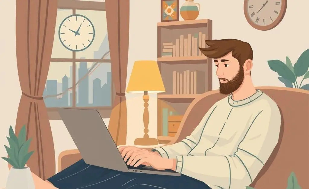 An illustration of a person at home using a laptop to make investment decisions, with a cozy and inviting atmosphere.