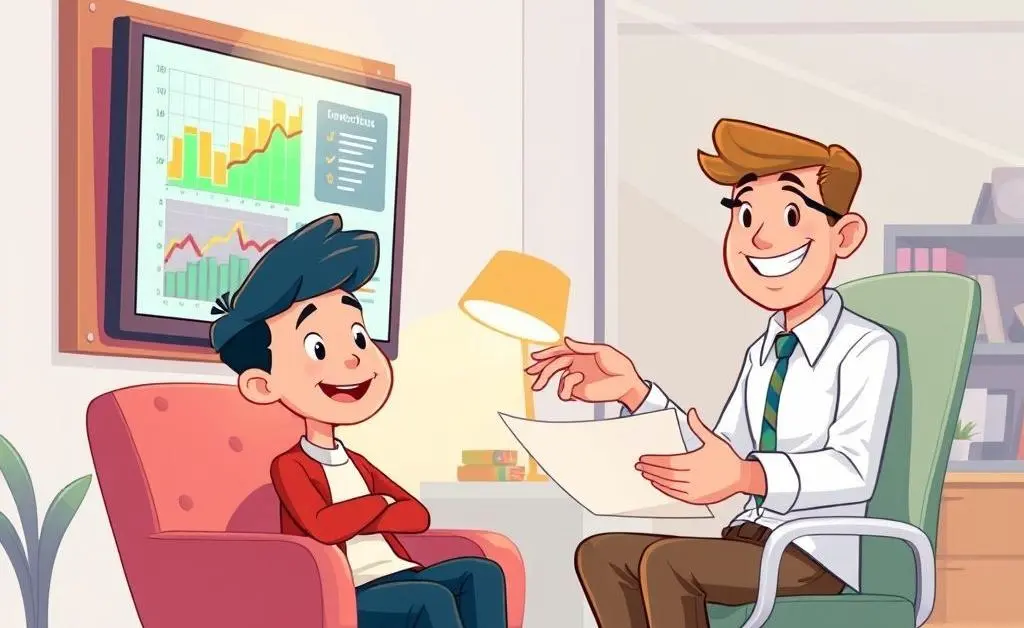 A cartoon of a person sitting with a friendly financial advisor discussing investment options.
