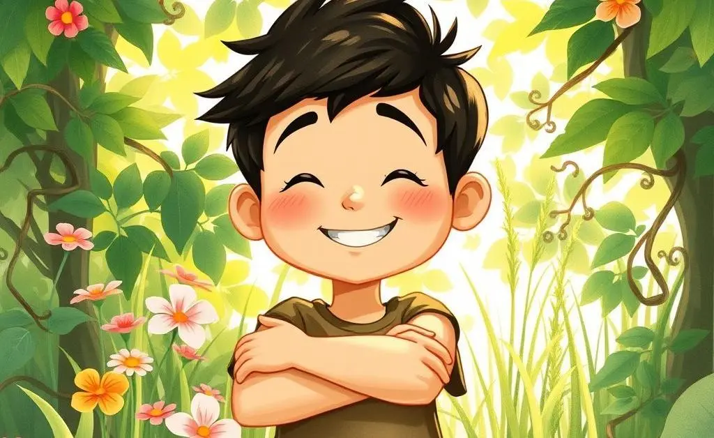 A cartoon person contentedly embracing nature, symbolizing connection to land.