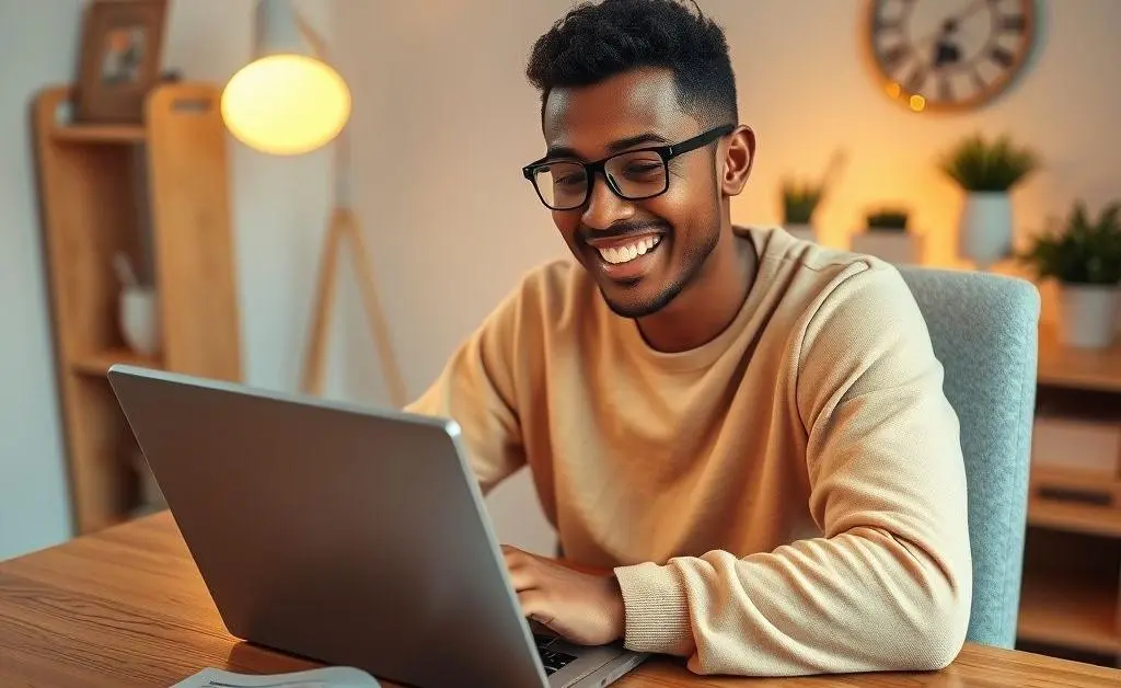 Person happily filling taxes online