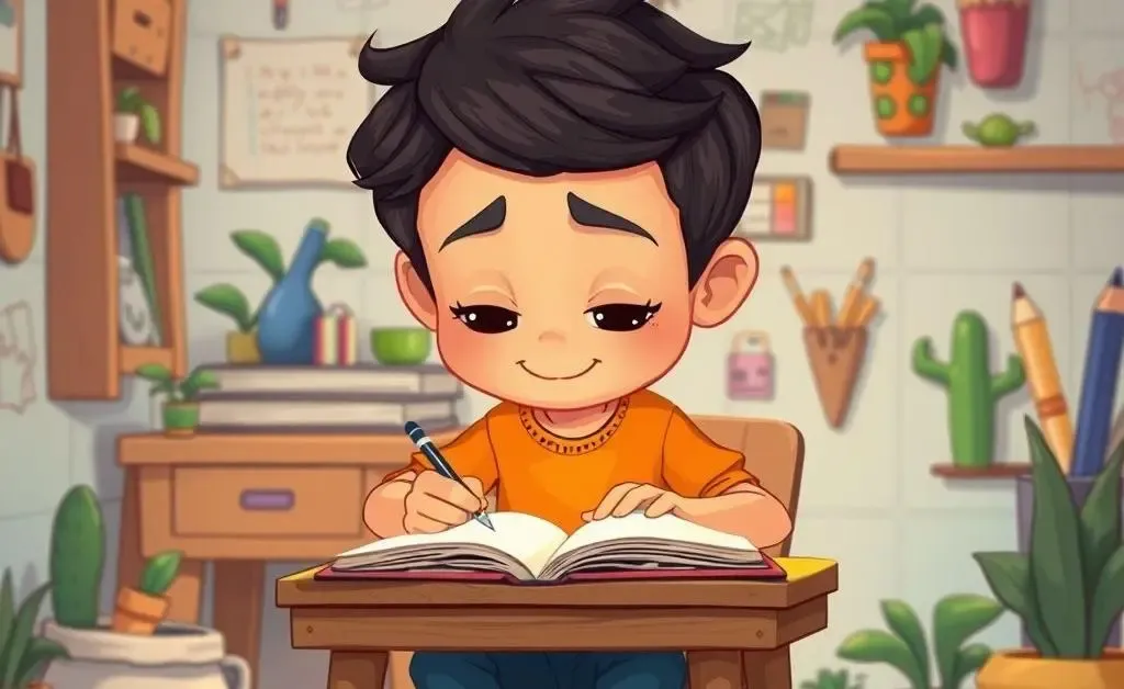 Cartoon-style person writing in a journal with a thoughtful expression