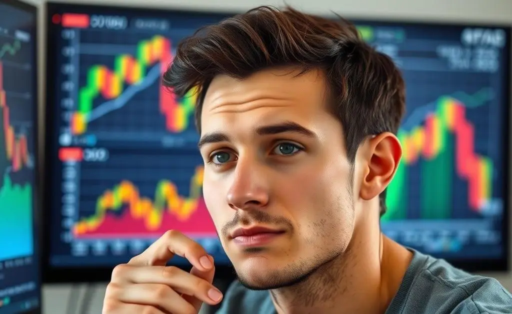 A person with a thoughtful expression looking at a computer screen displaying colorful stock graphs