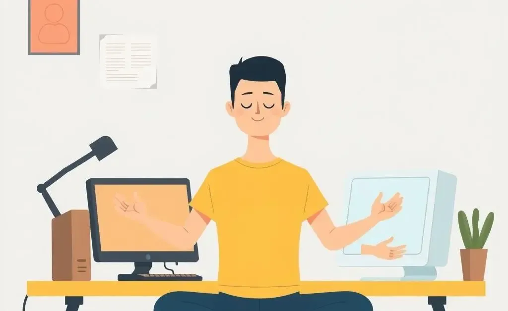 An illustration of a person meditating calmly at their desk in front of a computer