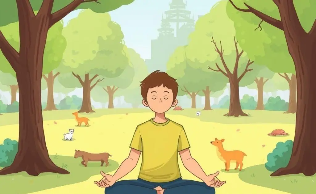 Person meditating in a park, surrounded by nature