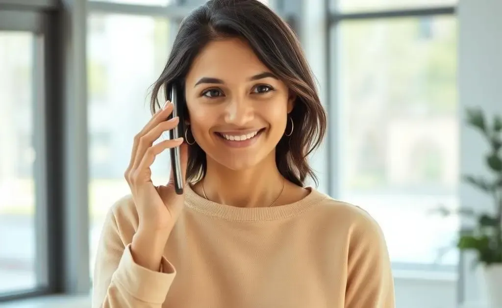 Someone on the phone looking relieved after getting clarity on their insurance policy.