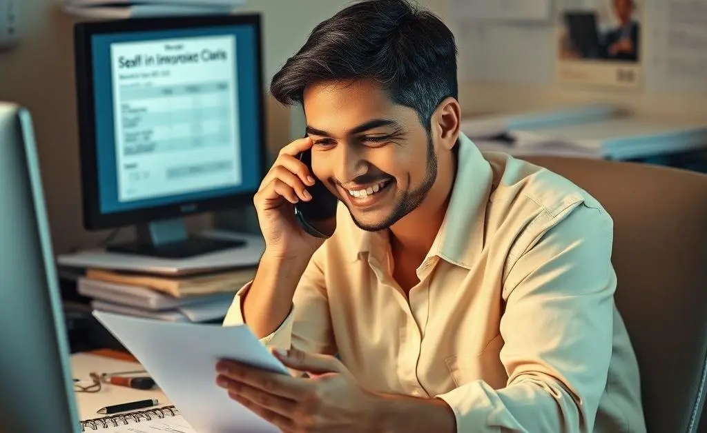 A friendly person discussing a medical bill on the phone with a representative, surrounded by paperwork.
