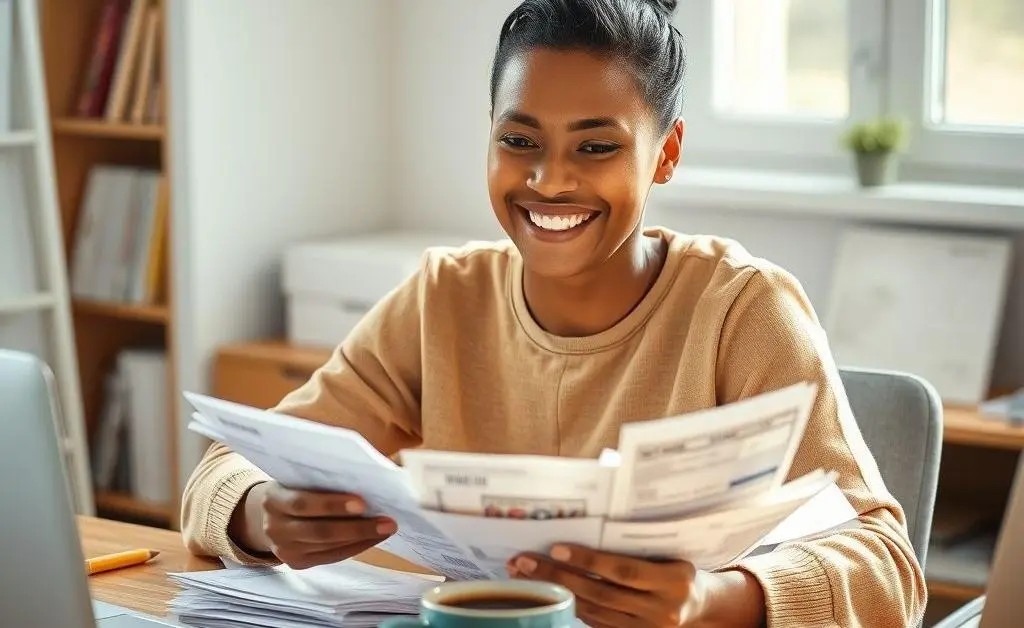 A person organizing bills at a desk