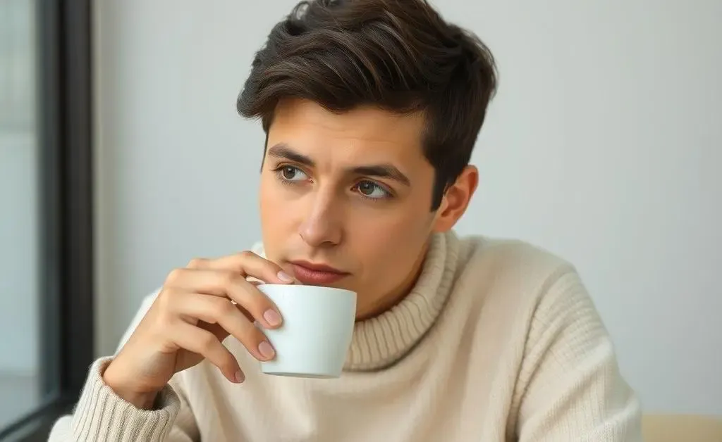 A person thoughtfully pondering over financial decisions with a cup of coffee