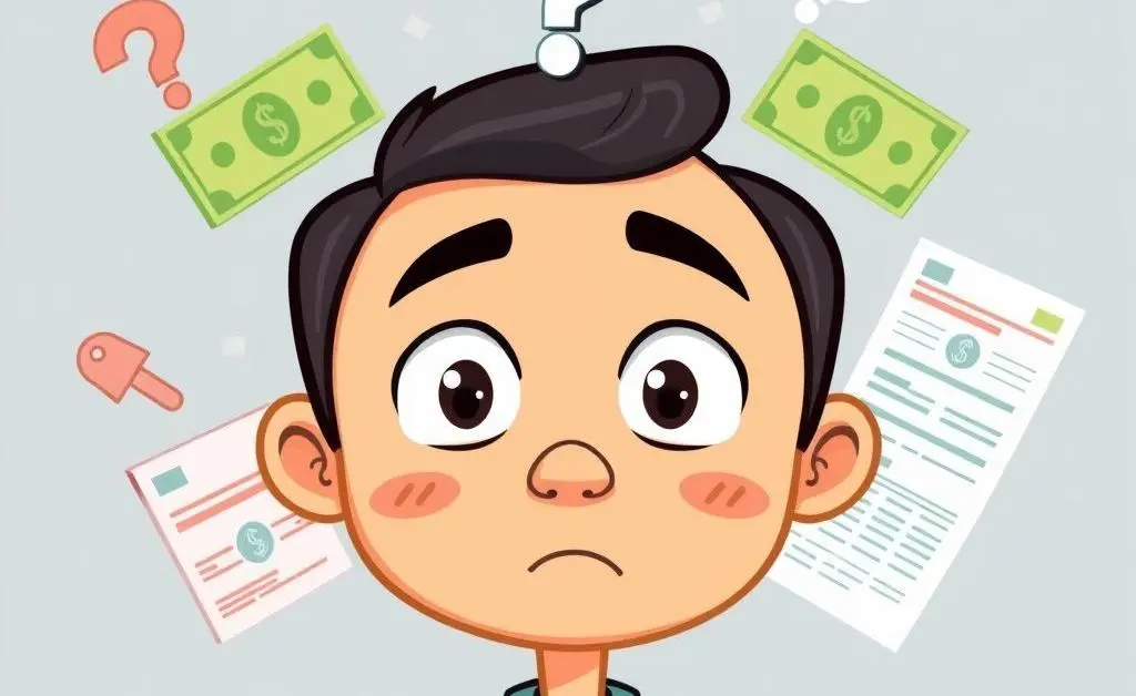 A cartoon-style person looking puzzled with a question mark above their head, surrounded by symbols of money and tax forms.