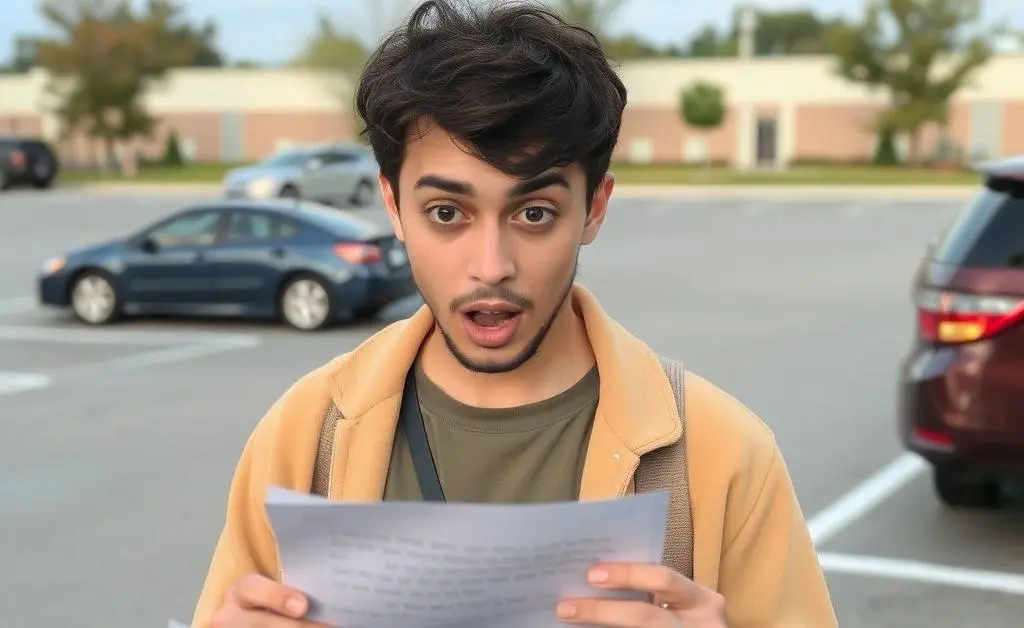 Person in a parking lot looking surprised while reading a note.
