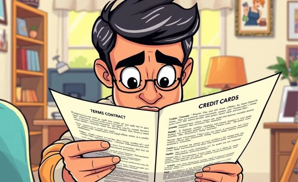A cartoon-style illustration of a person intensely reading the fine print of a credit card agreement