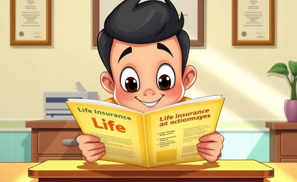 A cartoon figure reading a life insurance policy at a desk