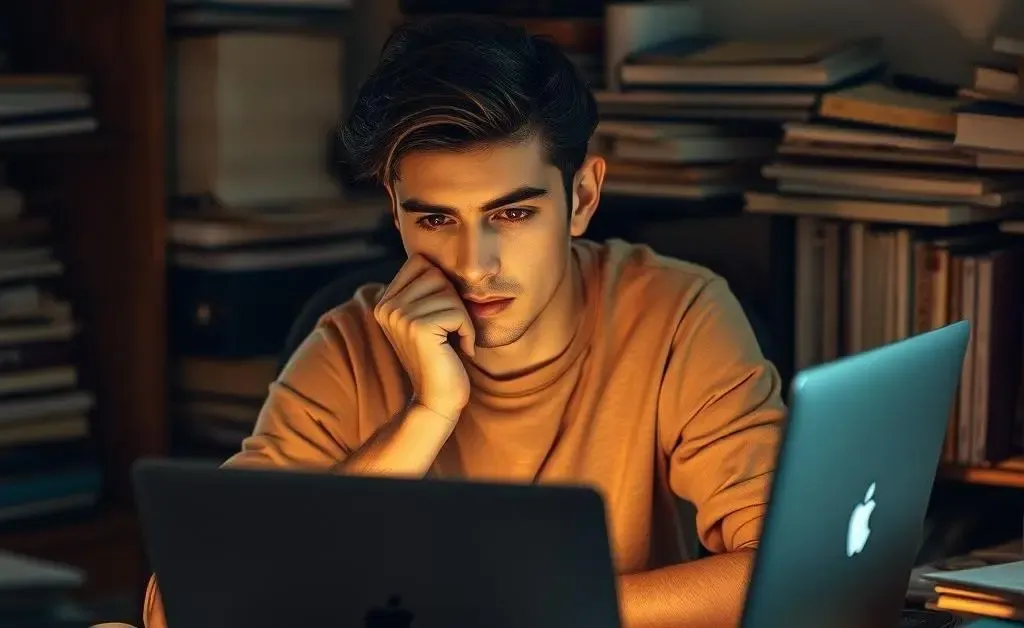 A person sitting at a desk with a laptop, thoughtful expression indicating reflection