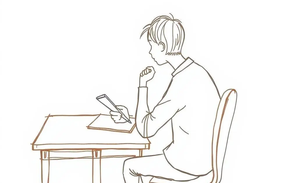 A hand-drawn image of a person sitting at a desk, reflecting with a notepad in hand
