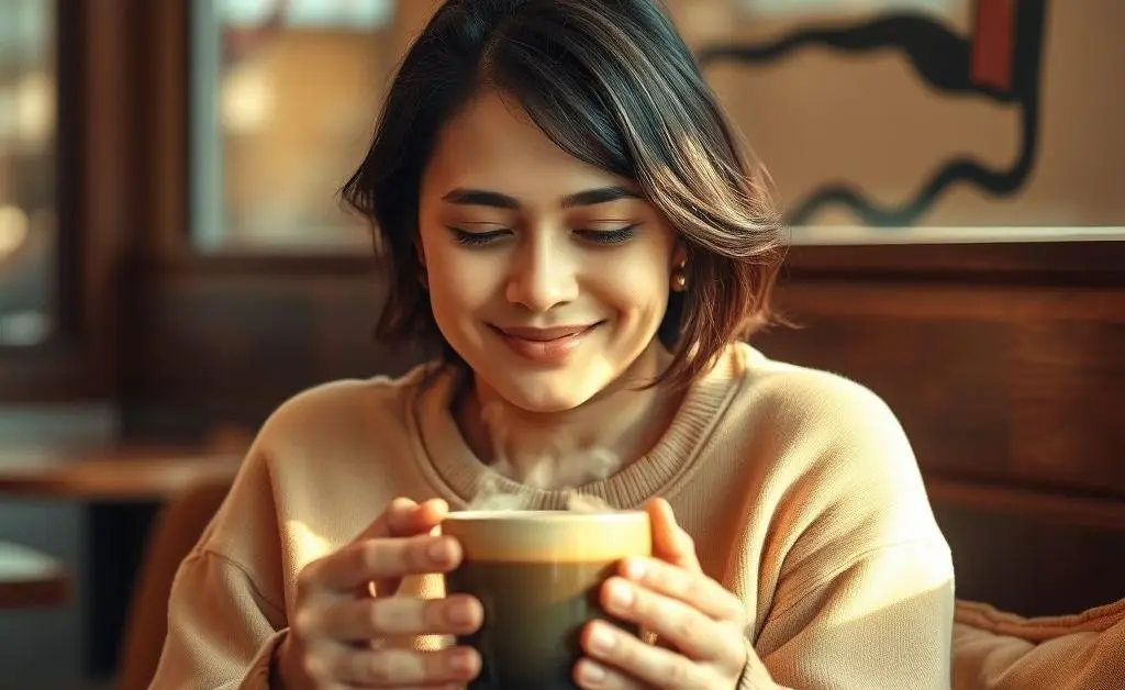 A person relaxing with a cup of coffee, showing relief