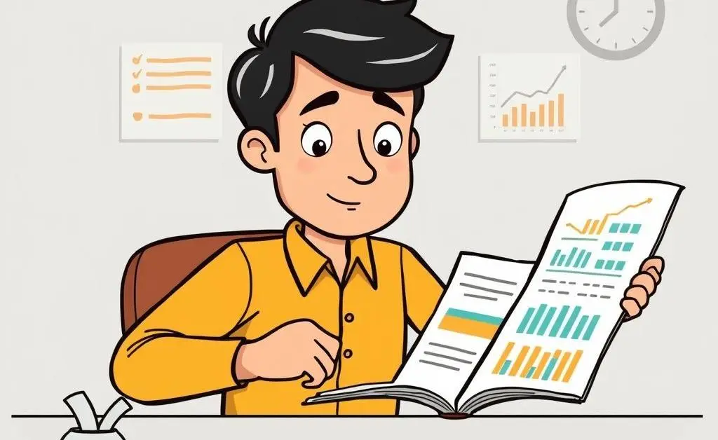 A person reviewing a budget planner with graphs and charts.