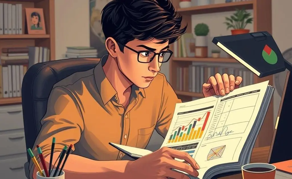 Illustration of a person sitting at a desk with a budget planner and calculator