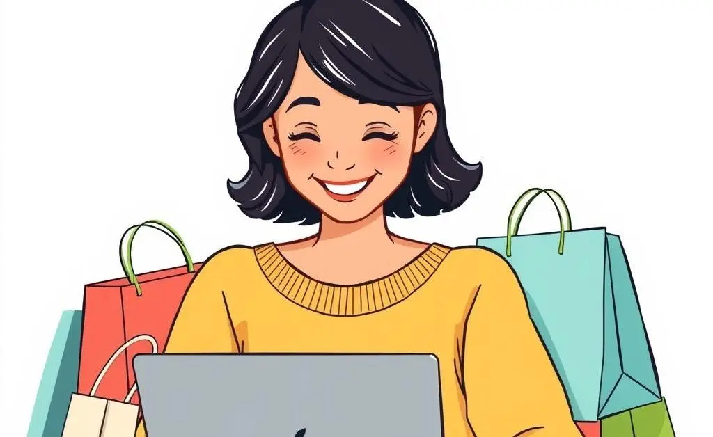 Illustration of a person smiling while looking at a laptop, surrounded by shopping bags.