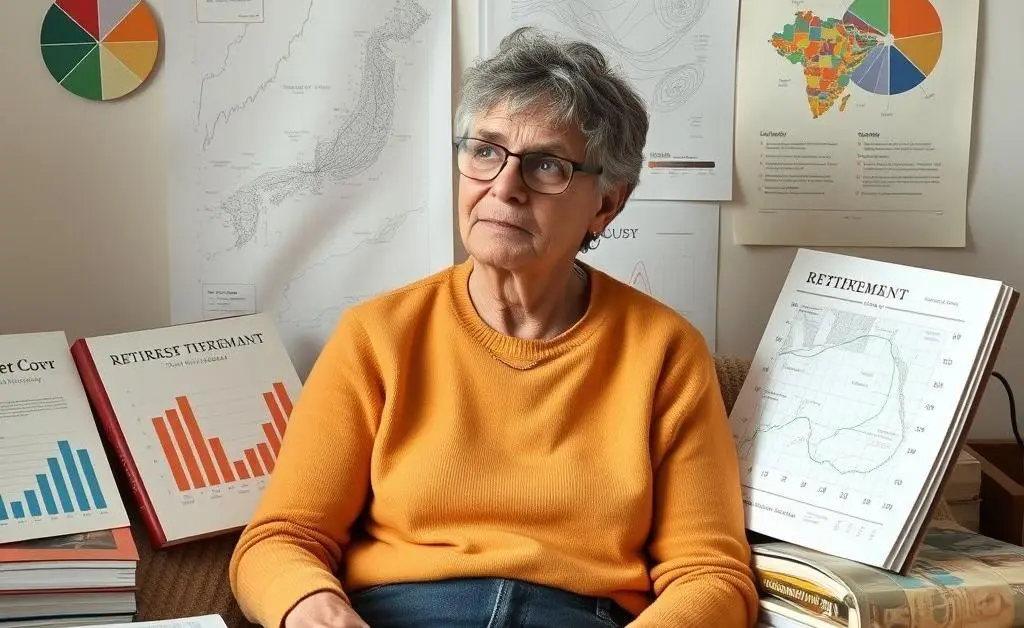 A person sitting thoughtfully with charts and retirement books around them