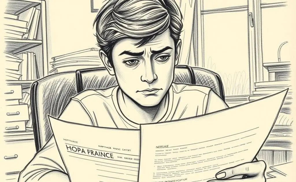 Person contemplating mortgage paperwork with mixed emotions