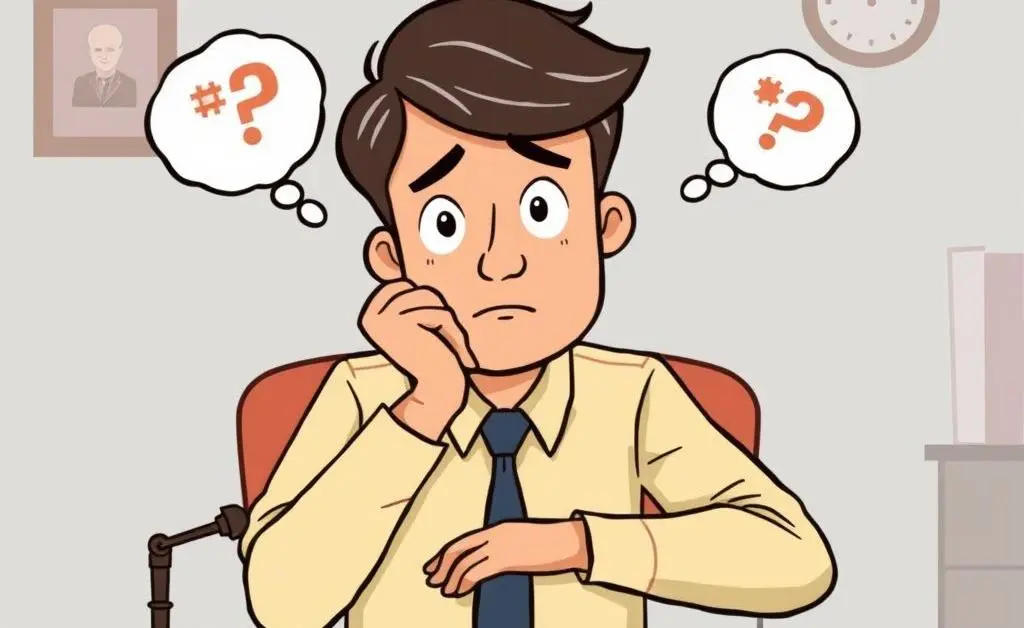 A cartoon-style image of a person sitting at a desk, deep in thought about legal concerns