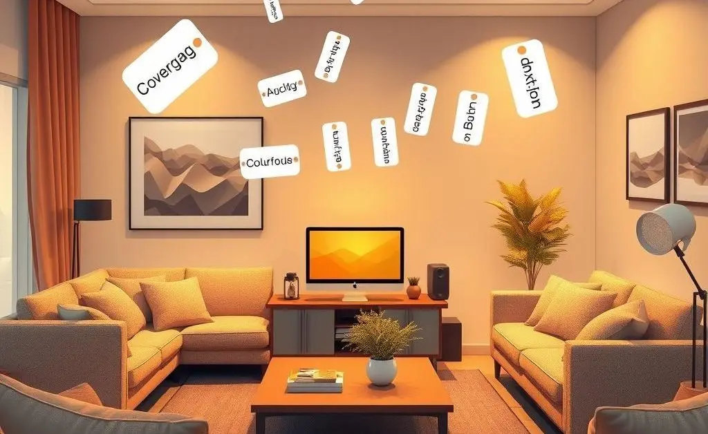 Illustration of a living room with furniture and a computer labeled with coverage tags.