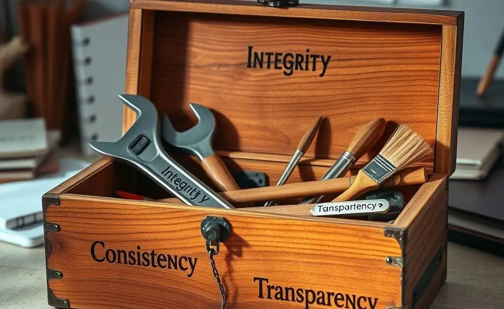 An open toolbox containing tools labeled 'Integrity', 'Consistency', and 'Transparency'.