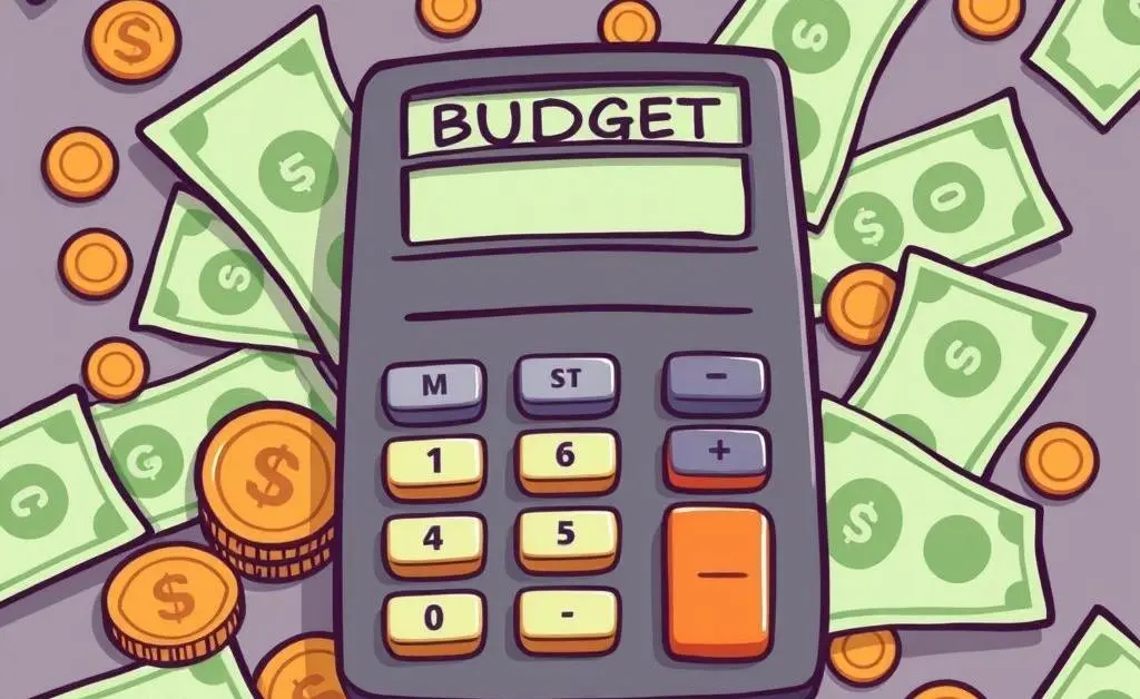 A budget calculator surrounded by bills and coins