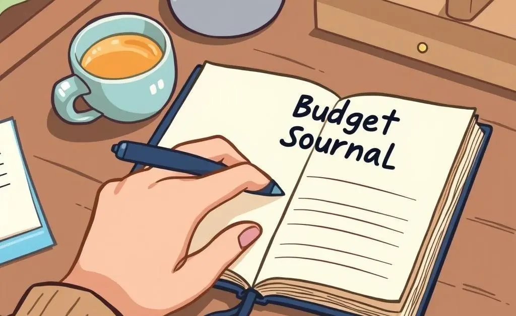 A hand writing in a budget journal on a desk.