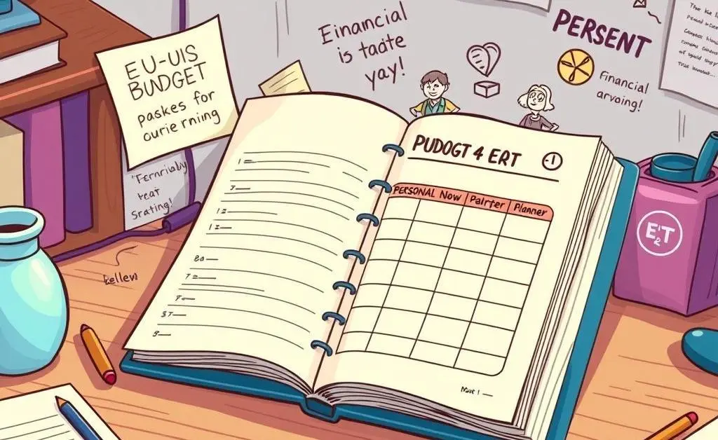 Cartoon-style personal budget planner on a desk, with notes on EU-US trade and savings.