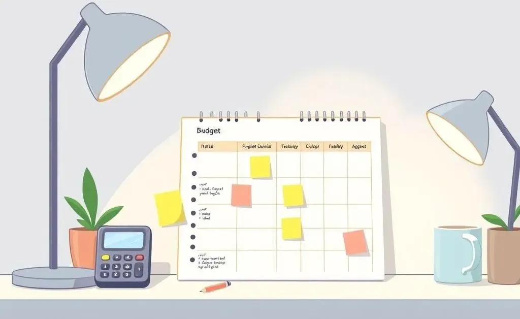 A minimalist, cartoon-style budget planner with notes and a calculator on a stylish desk.