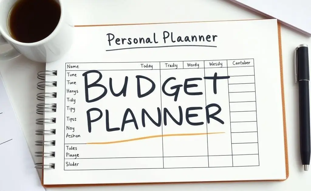 Budget planner notebook on a desk with coffee cup