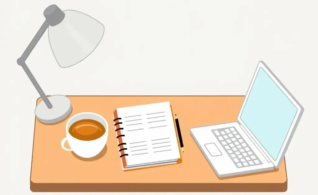 A desk with a personal budget planner and a cup of tea