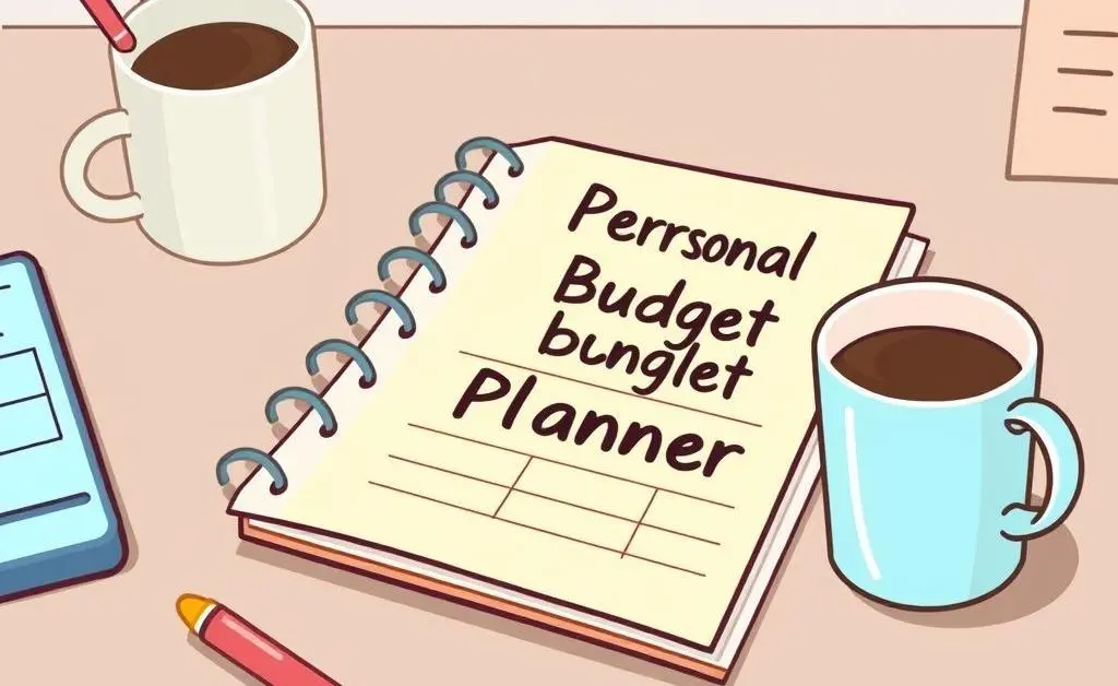 A desk with a colorful personal budget planner, pen, and coffee mug.