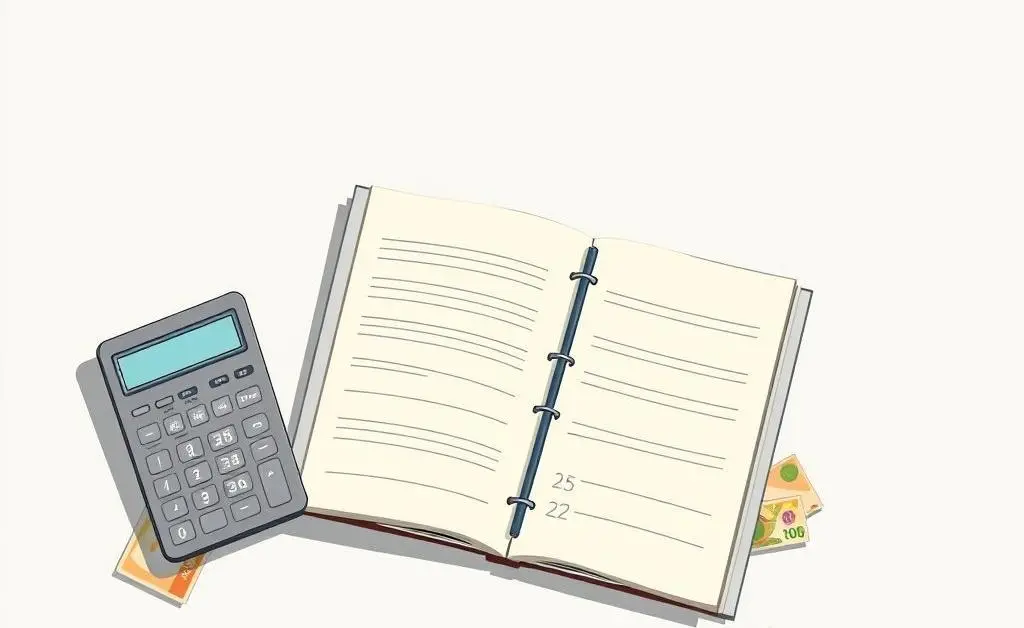 Desk with budget planner and currency notes.