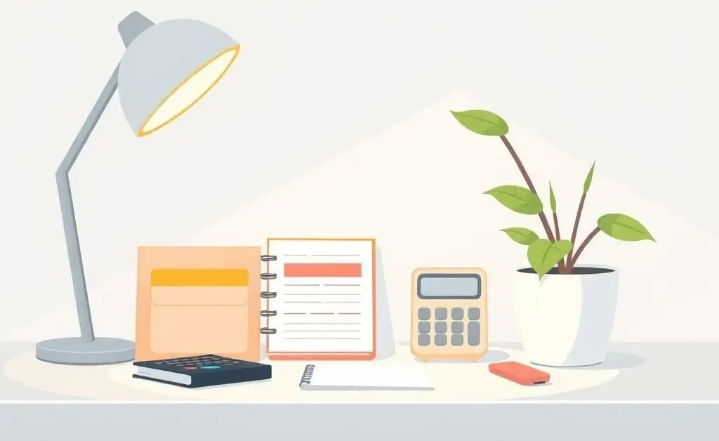 A minimalist cartoon-style image of a desk with financial planning tools, like a budget planner, a calculator, and a plant for a calm mood.