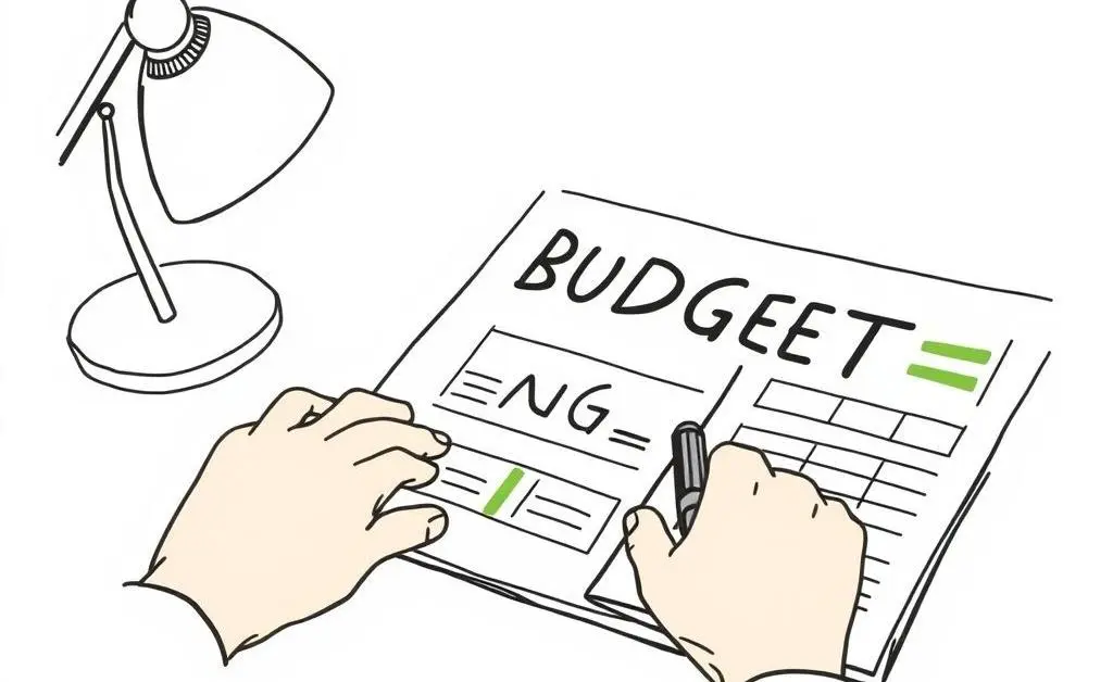 Hand-drawn style image of a person planning a budget at a desk with a calculator and notepad